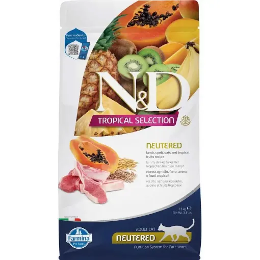 F42125 FARMINA N&D TROPICAL SELECTION - CAT Dry Lamb, Spelt, Oats NEUTERED 1,5 kg (pak.8) paveikslėlis