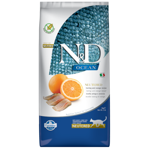 F40213 FARMINA N&D OCEAN - CAT Dry Herring&Orange NEUTERED ADULT 5 kg paveikslėlis