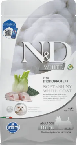 F41012 FARMINA N&D WHITE - DOG Dry Sea Bass Spirulina&Fennel ADULT MINI 2 kg (pak.4) paveikslėlis