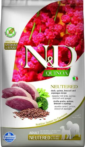 F40169 FARMINA N&D QUINOA - DOG Dry NEUTERED Duck Broccoli&Asparagus ADULT MED&MAX 2,5 kg (pak.4) paveikslėlis