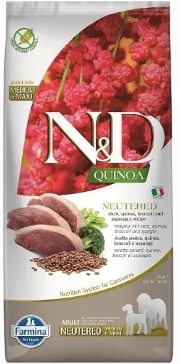 F40176 FARMINA N&D QUINOA - DOG Dry NEUTERED Duck Broccoli&Asparagus ADULT MED&MAX 12 kg paveikslėlis