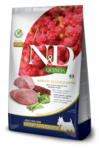 F40114 FARMINA N&D QUINOA - DOG Dry WEIGHT MANAGEMENT Lamb&Broccoli ADULT MINI 2,5 kg (pak.4) paveikslėlis