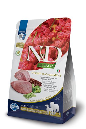 F42019 FARMINA N&D QUINOA - DOG Dry WEIGHT MANAGEMENT Lamb&Broccoli ADULT MED&MAX 2,5 kg (pak.4) paveikslėlis