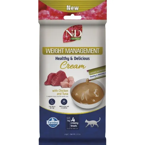 F08941 FARMINA N&D QUINOA CAT WEIGHT MANAGEMENT - CREAM with Chicken&Tuna 4x15g (pak15) paveikslėlis